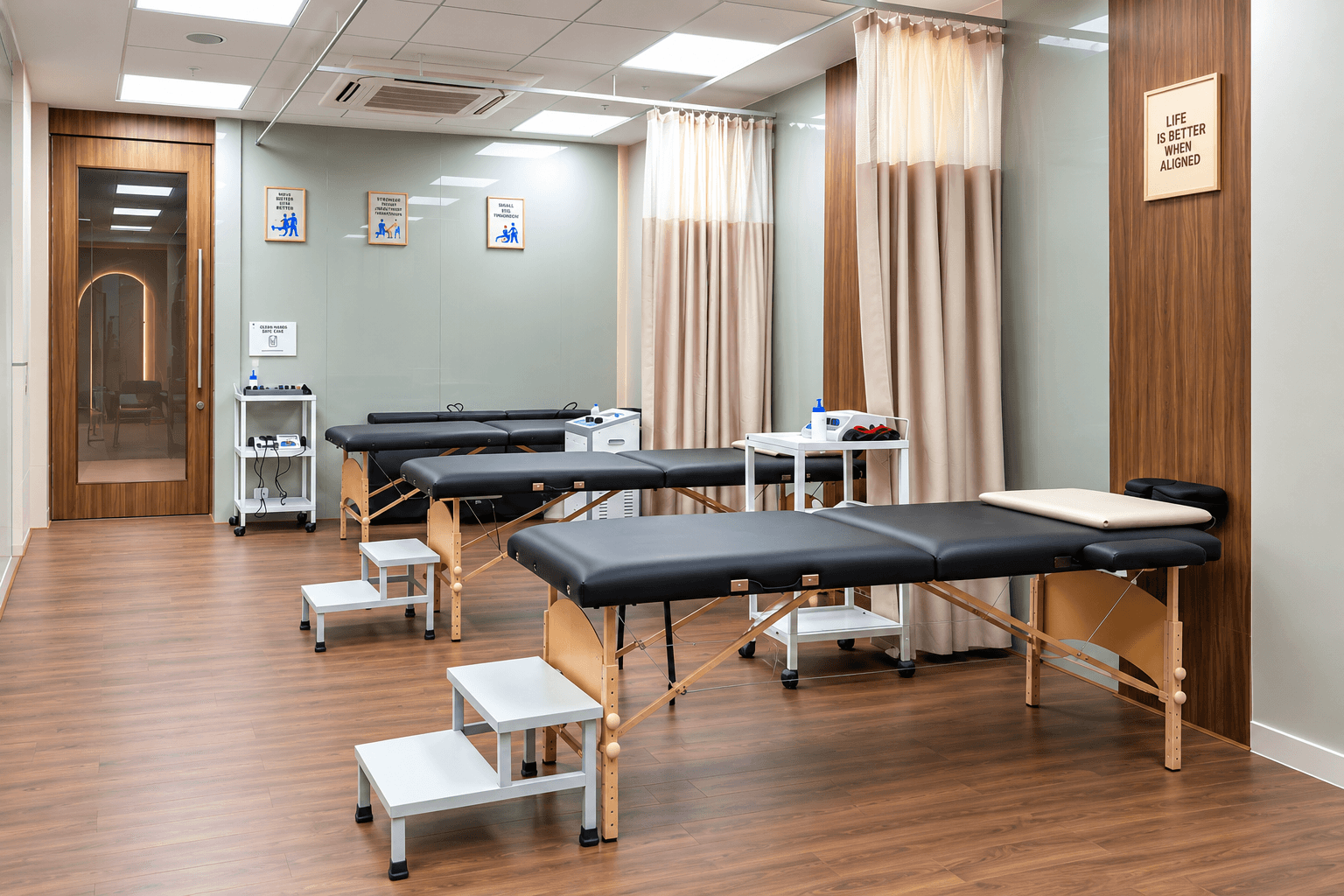 The physiotherapy treatment bay with plinths, curtains and equipment
