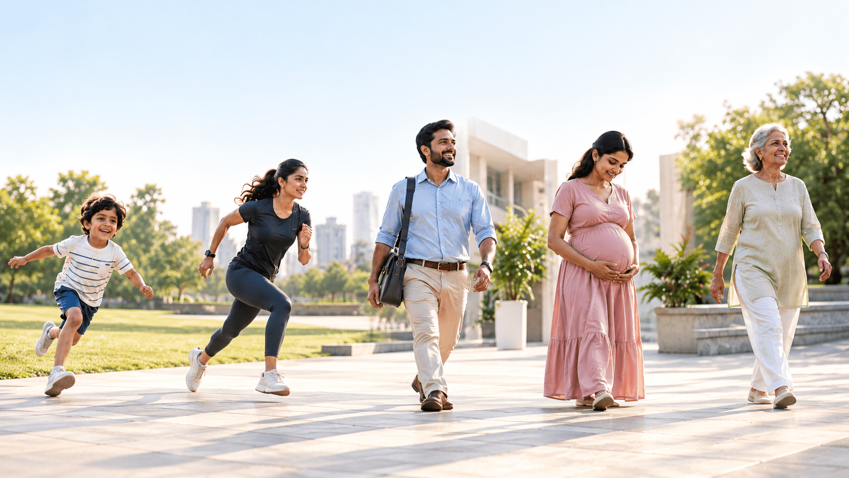 People of five different life stages moving through a sunlit park